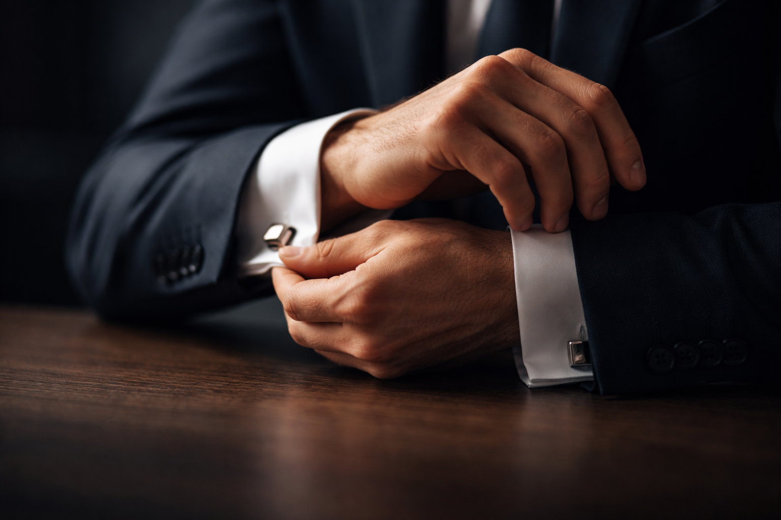 Macro photograph of a suited person's hands and forearms adjusting a cufflink over a matte wooden desk, the hands in sharp focus and the lower third a soft dark blur.