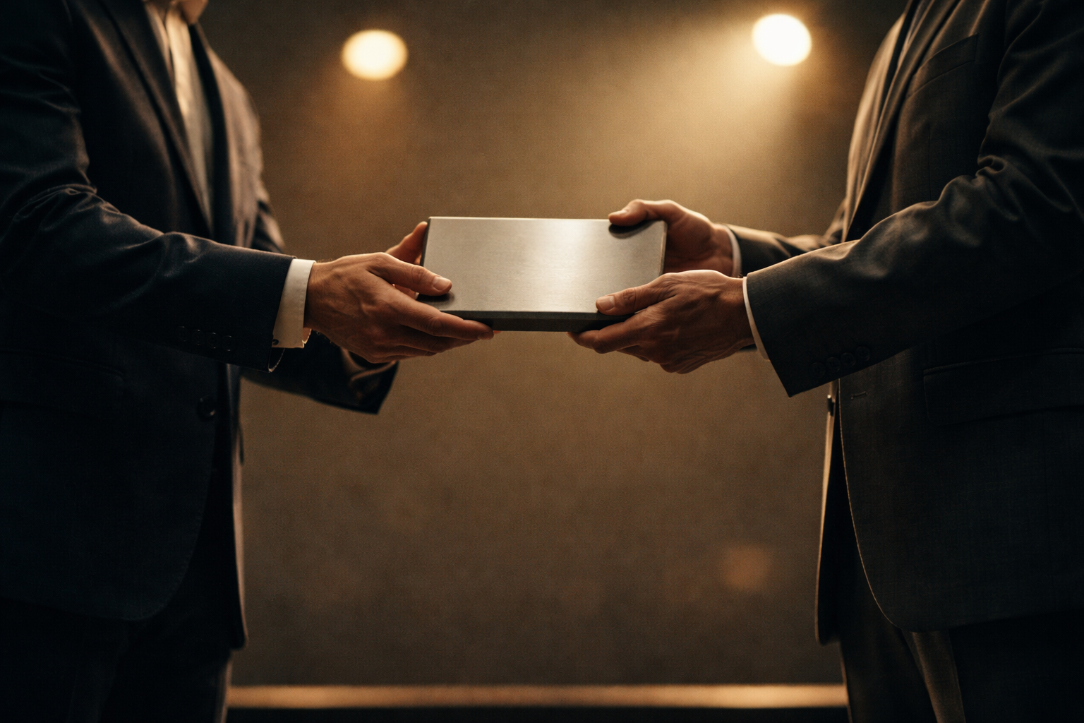 Low-angle photo of two anonymous people exchanging a matte plaque on stage, with hands and the award in sharp focus in the upper two-thirds and a quiet, uncluttered lower third.
