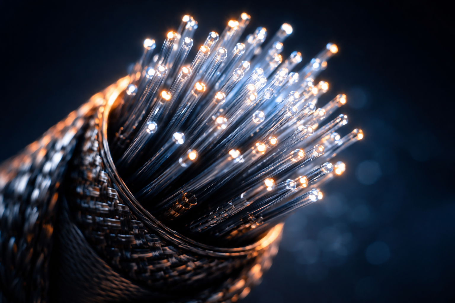 Extreme close-up of a tightly packed cluster of fiber‑optic strands and braided metal sheathing with warm highlights and deep‑blue background, the sharp detail concentrated in the upper two thirds and the bottom softly blurred.