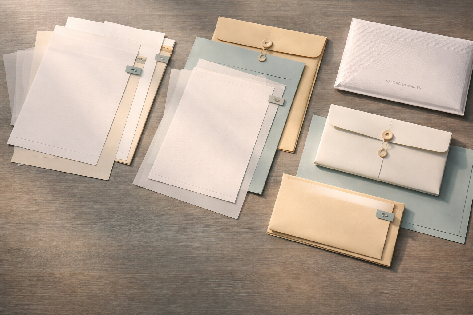 Wide still-life of layered blank clinical and corporate papers, vellum overlays, colored tab stickers and a specimen mailer arranged diagonally on a wooden table with warm side light; main papers sit in the upper two thirds and the bottom third of the frame is left clear.