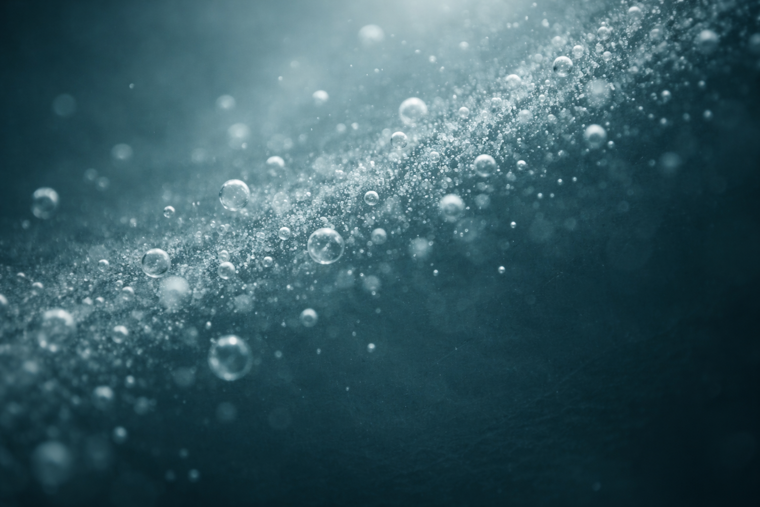 Extreme close-up of translucent microbeads and fine particles drifting diagonally through clear fluid across the upper two-thirds of the frame, with soft motion blur and a muted teal background while the lower third remains dark and empty.