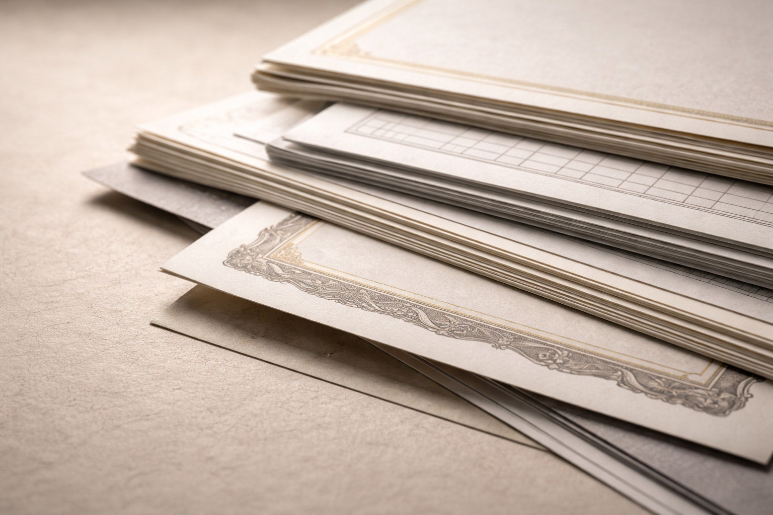 Close-up low-angle view of layered commercial property documents and financial records with soft natural lighting emphasizing texture and depth.