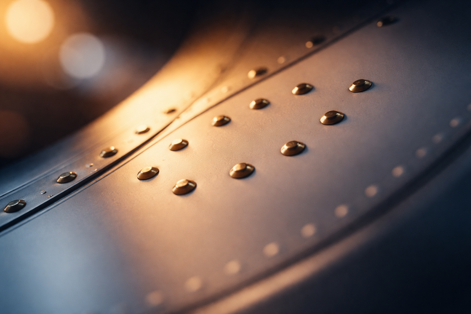 Low-angle macro close-up of a curved matte aircraft interior panel showing nine polished brass rivets catching warm golden light against cool blue shadows, with soft bokeh and an uncluttered lower third.