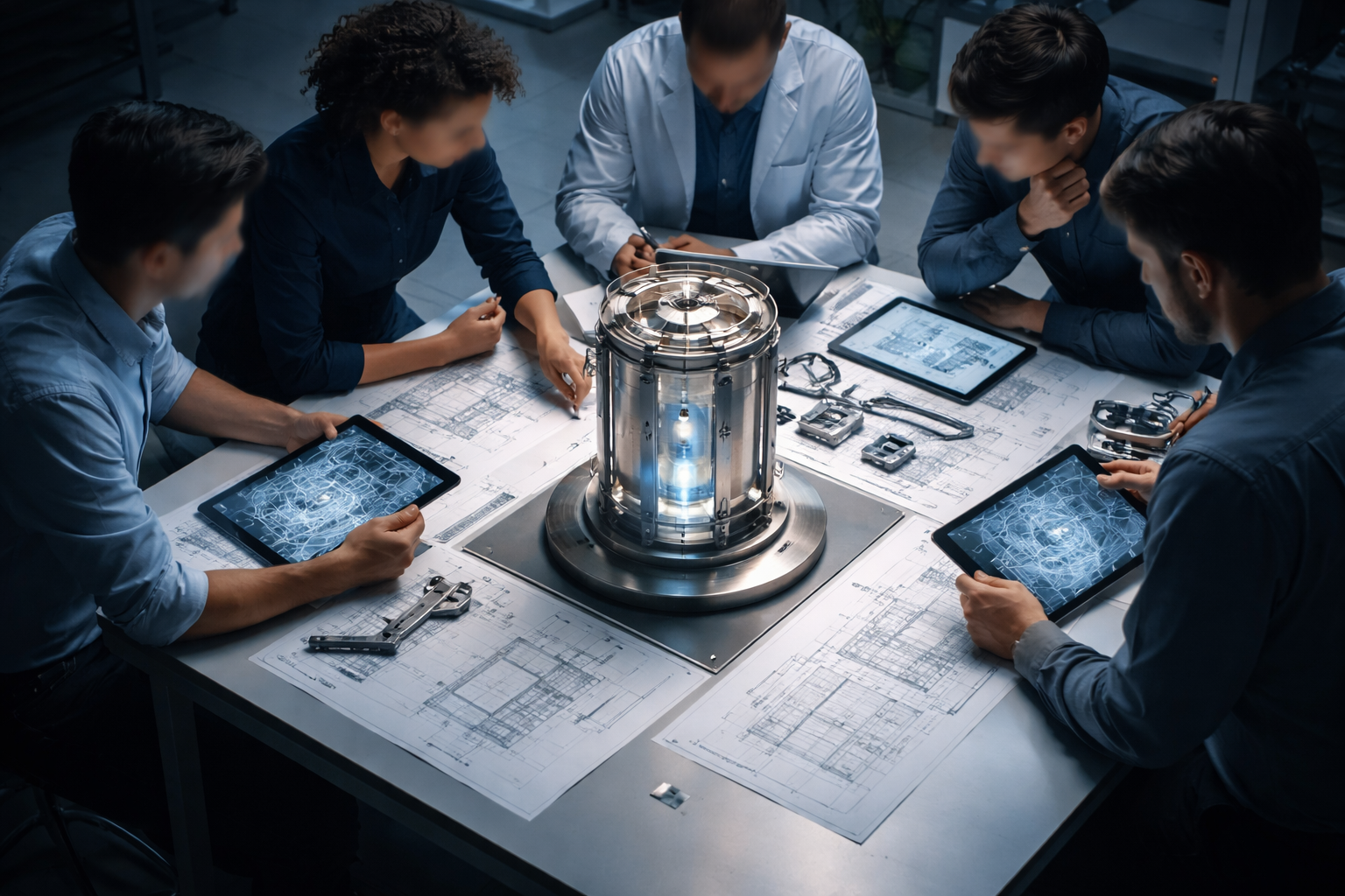 High-angle shot of five anonymous engineers gathered around a table examining an unbranded cylindrical SMR scale model and tablets with abstract schematics, faces turned away or blurred, soft cool lighting and muted blue‑grey tones; bottom third kept empty.