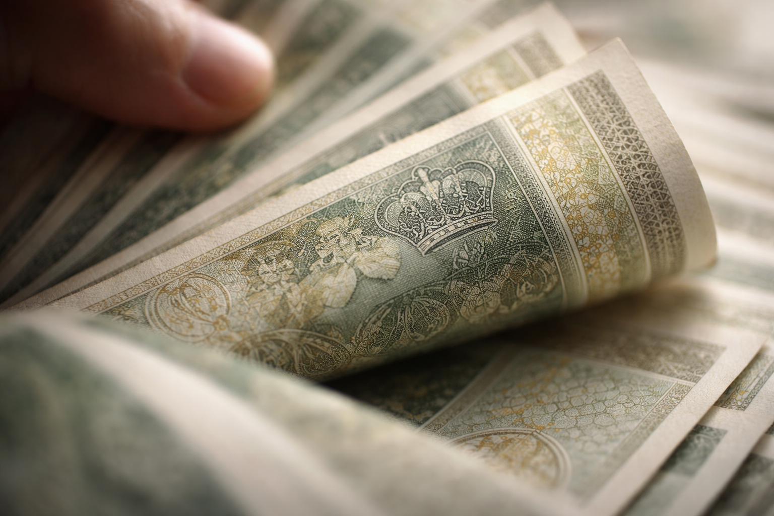 Close-up of hands moving through layered financial documents or currency with soft focus on intricate security details and textures.