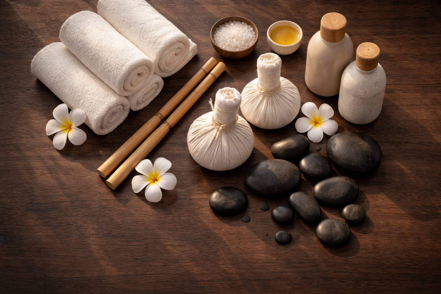 Top-down aerial view of premium spa materials — rolled towels, bamboo massage tools, muslin herbal compresses, dark oil bottles, smooth basalt stones and frangipani flowers arranged on dark wood, lit with soft warm light and with the lower third of the frame left empty.
