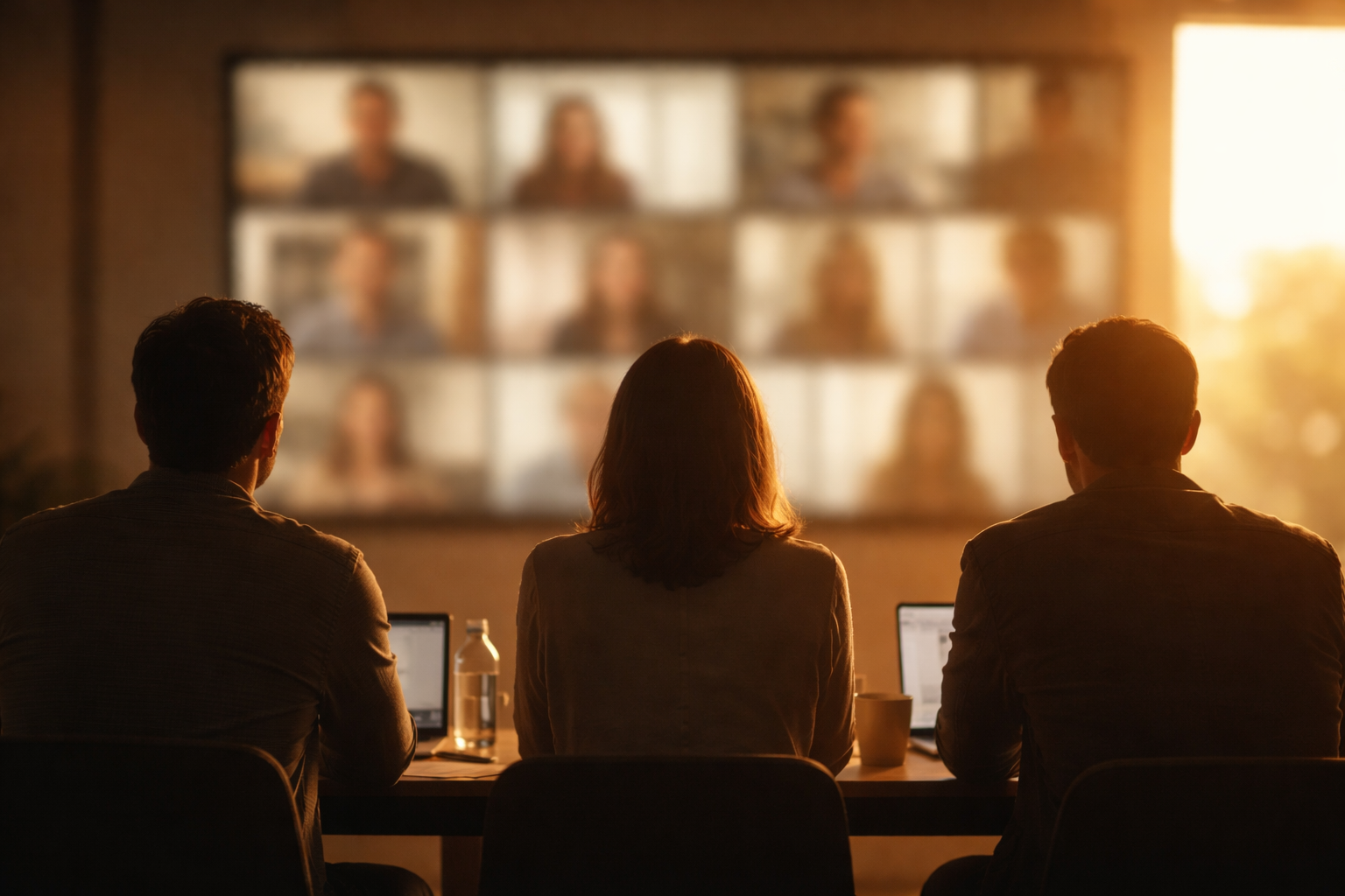 Wide backlit meeting room showing three anonymous people seen from behind around a table, focused on blurred glowing screens with warm muted light and an uncluttered lower third.