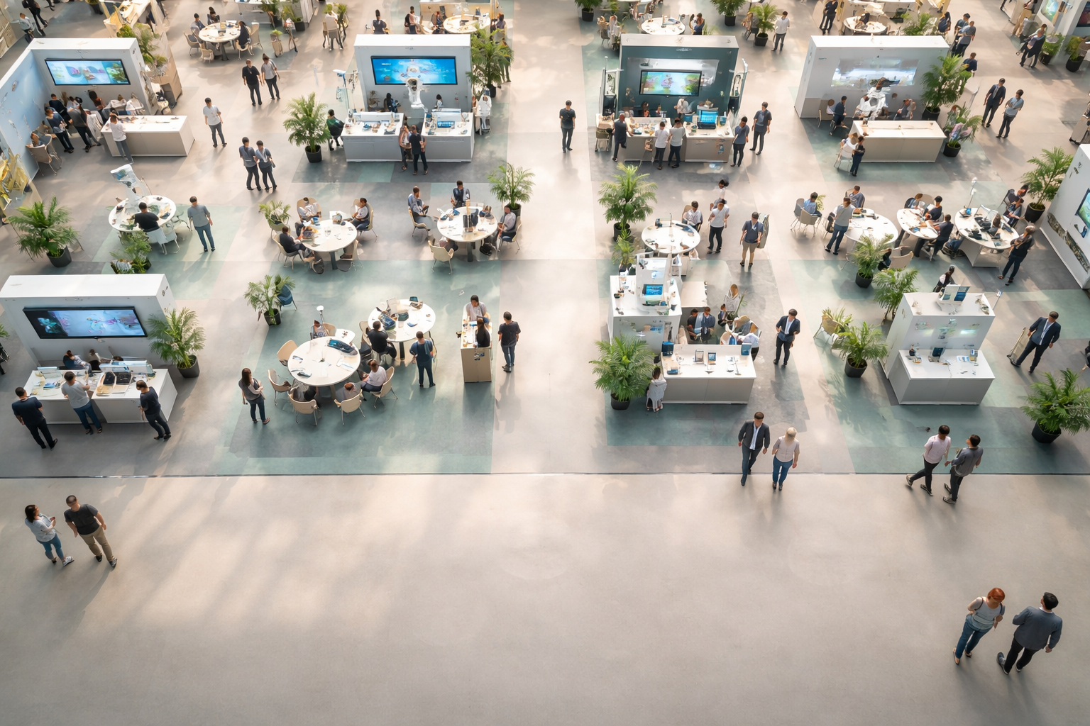 Aerial top-down view of a health-exhibition floor with neutral modular booths, demo tables and small clusters of anonymous attendees concentrated in the upper two-thirds while the lower third remains clear, lit by warm diffused skylight.