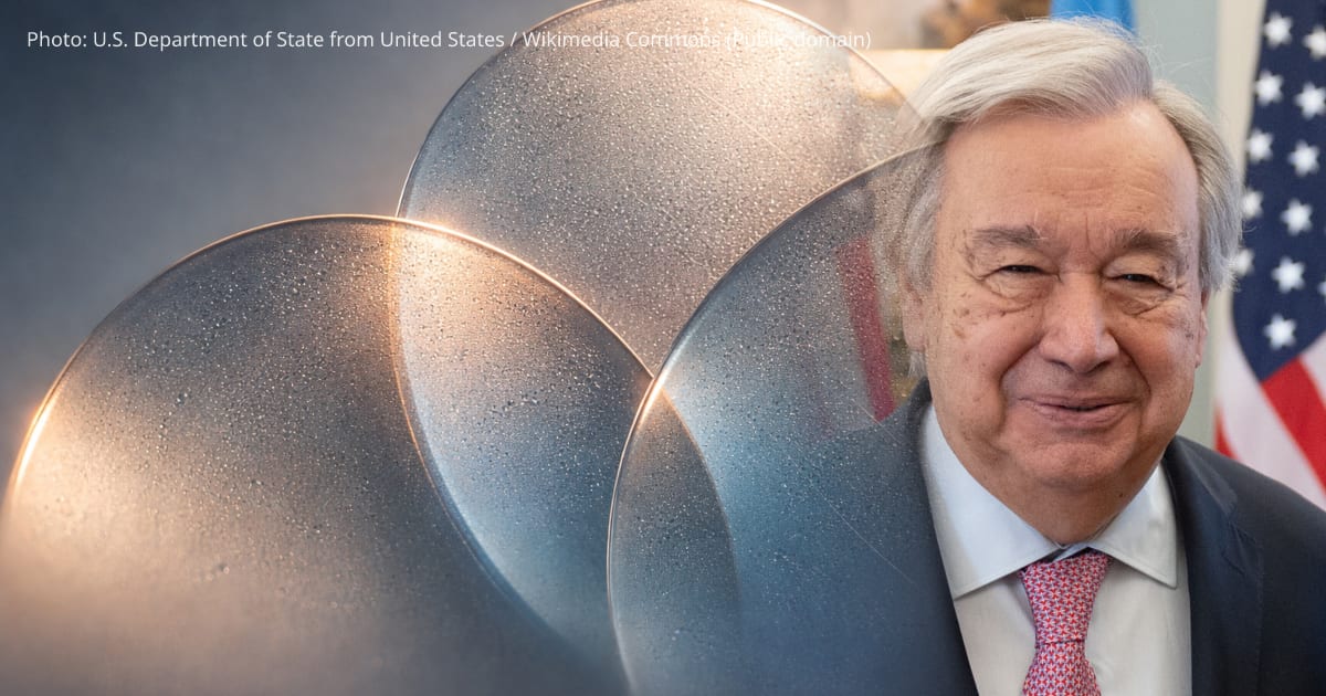 António Guterres — Low-angle close-up of three overlapping frosted glass discs in muted blue, ochre and grey, softly backlit and textured, with a blurred calm base leaving the lower third empty.