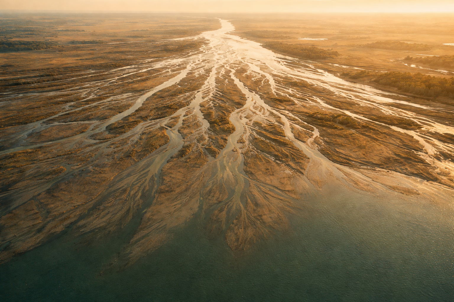 High-angle aerial of a river delta with fan-like branching waterways in warm golden-hour light, muted teal and ochre tones, the main confluence centered in the upper two-thirds and a calm, uncluttered lower third.