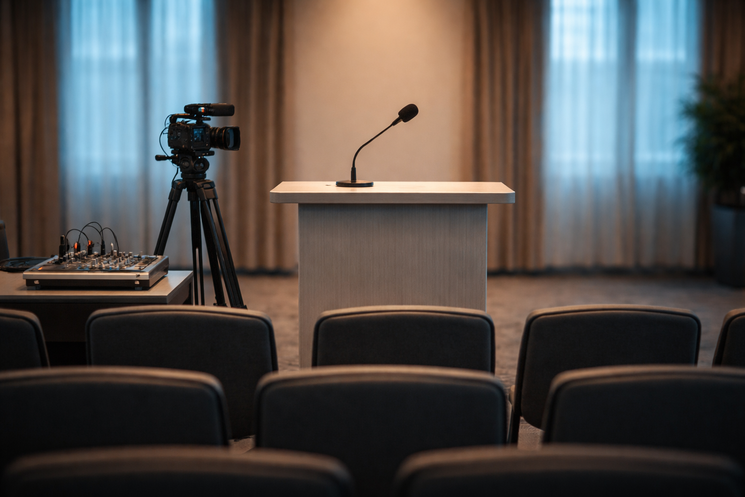 Wide interior view of a small webcast setup showing a podium with a tabletop microphone and a camera on a tripod facing empty chairs, lit by warm indoor lamps and cool window daylight; the foreground lower third is deliberately quiet.
