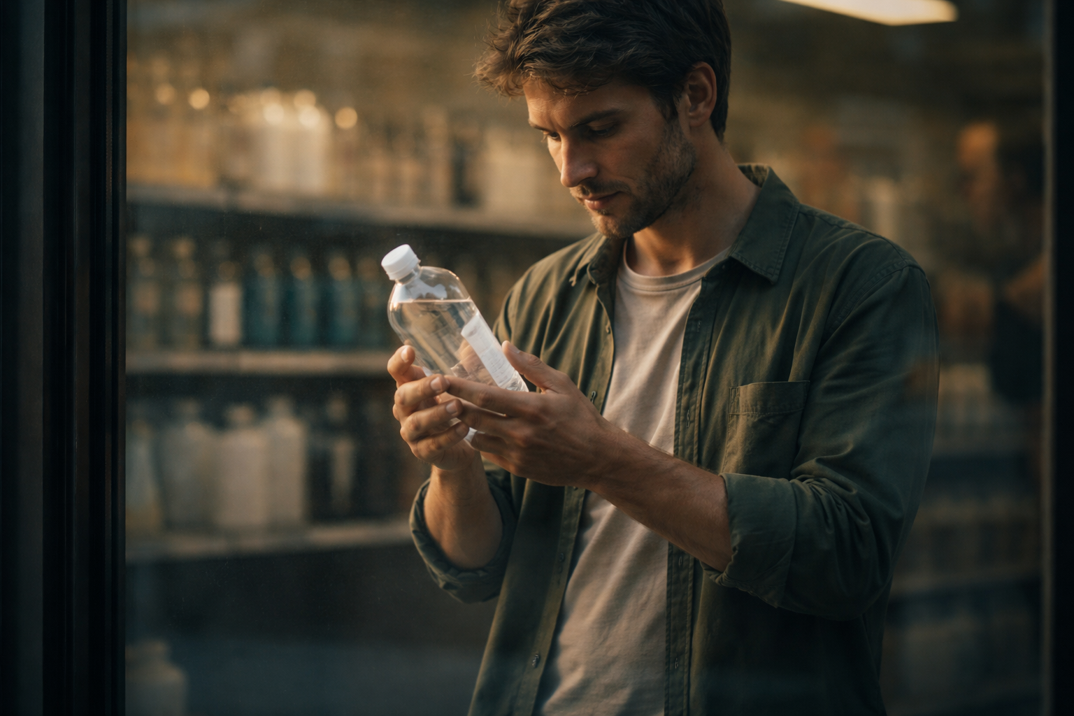 A person’s face and hand holding an unbranded clear plastic bottle appear as a reflection in a shop window, soft golden-hour light with blurred shelves behind, the person framed in the upper two-thirds and the lower third left calm.