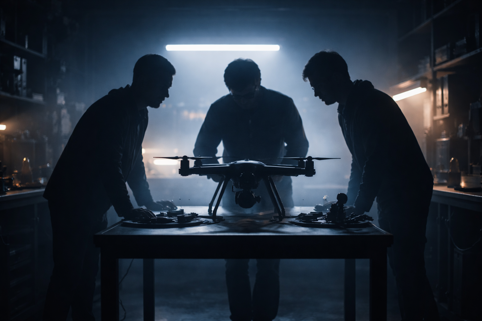 Backlit silhouettes of three technicians gathered around a workbench inspecting an unbranded drone, cool blue-gray tones and warm rim light, with an empty, quiet lower third.