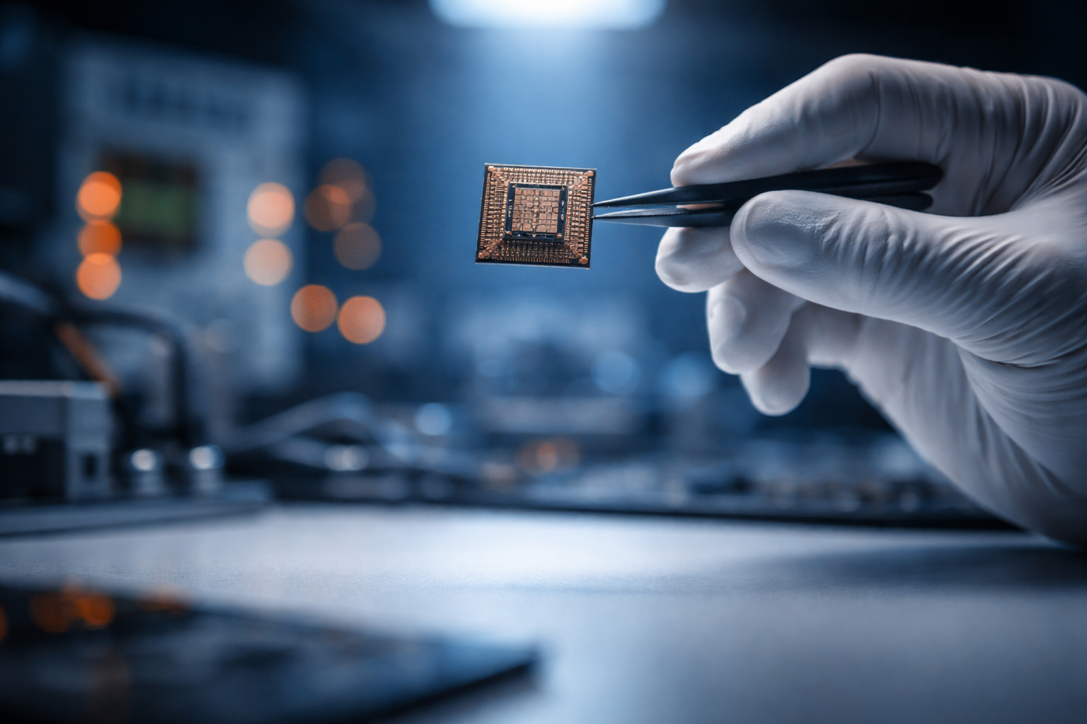 Low-angle photo of gloved hands holding a small semiconductor package over a blurred engineering workbench, with lab instruments and soft cool-blue lighting in the background, and the lower third left intentionally empty.