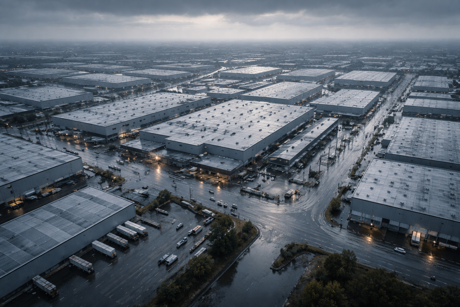 High-angle drone view of a generic automotive factory and nearby supplier warehouses in an industrial park, wet streets with shallow floodwater pooled along perimeter roads, small unbranded trucks and tiny anonymous workers visible, with the central roof cluster framed well above a quiet lower third