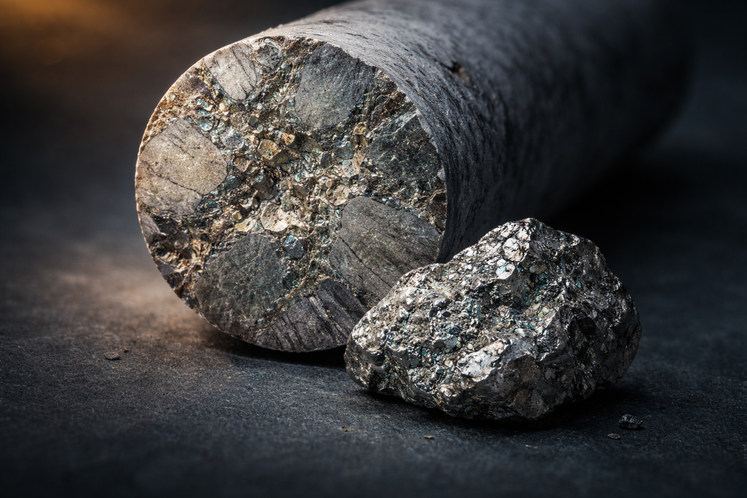 Macro close-up of a drill core cross-section beside a rough nickel‑cobalt mineral specimen on a dark matte surface, detailed textures in cool teal and slate tones with soft warm rim light from the upper left; the composition is centered with a blurred, quiet lower third.