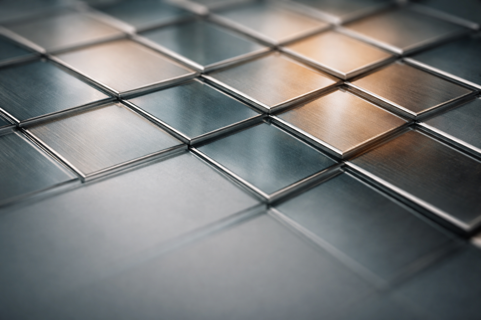 Wide close-up of layered translucent glass tiles with brushed-metal edges forming a curved, grid-like pattern across the upper two-thirds, lit in muted blue-gray and warm amber tones with a shallow depth of field and an intentionally empty, blurred lower third.