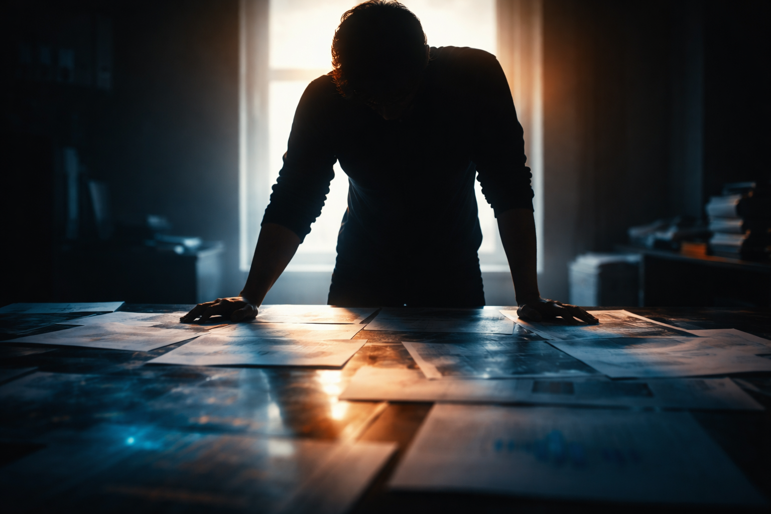 A backlit silhouette leans over a desk scattered with layered papers and translucent overlays showing blurred diagrams, with soft cool-blue and warm rim light; the lower third of the frame remains clear.