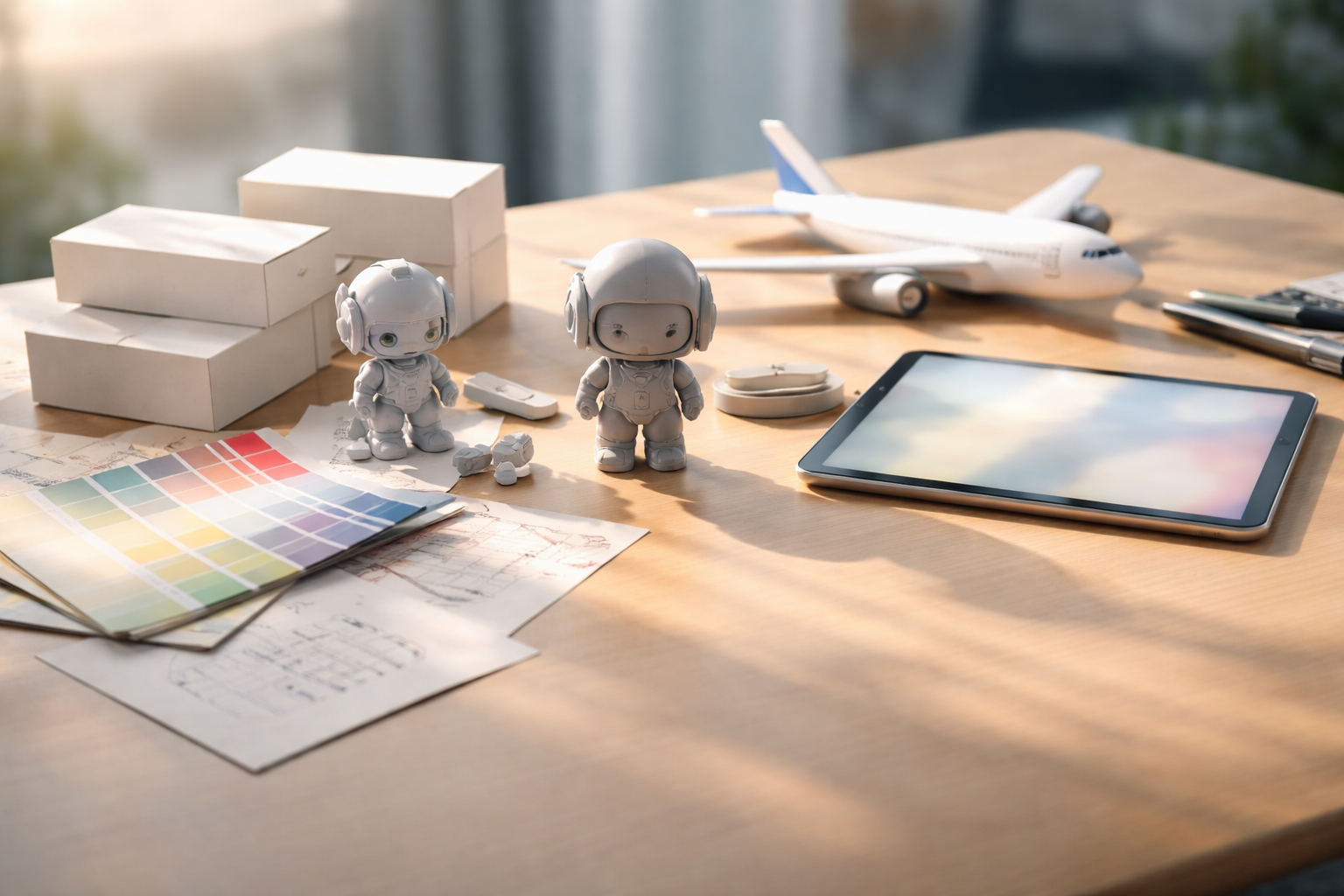 Wide oblique photograph of a clean tabletop with unbranded prototype figurines, color swatches, blank mockup packaging, a matte toy airplane and a tablet clustered in the upper two-thirds, bathed in soft morning light with the bottom third left empty.