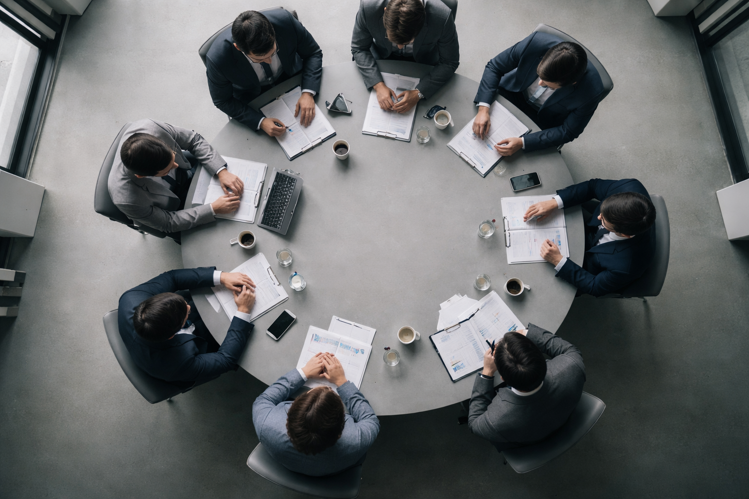 Top-down aerial view of eight anonymous people seated around a round conference table in the upper part of the frame, with papers and coffee cups visible and the bottom third left empty of faces or fine detail.