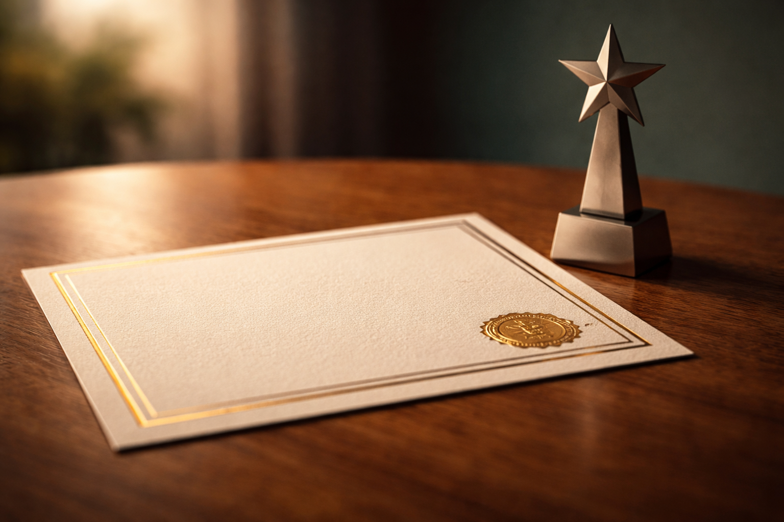 Low-angle close-up of an unbranded award certificate with an embossed circular seal beside a small minimalist metal trophy on a wooden table, warm golden light and shallow depth of field, with the lower third of the frame left empty.