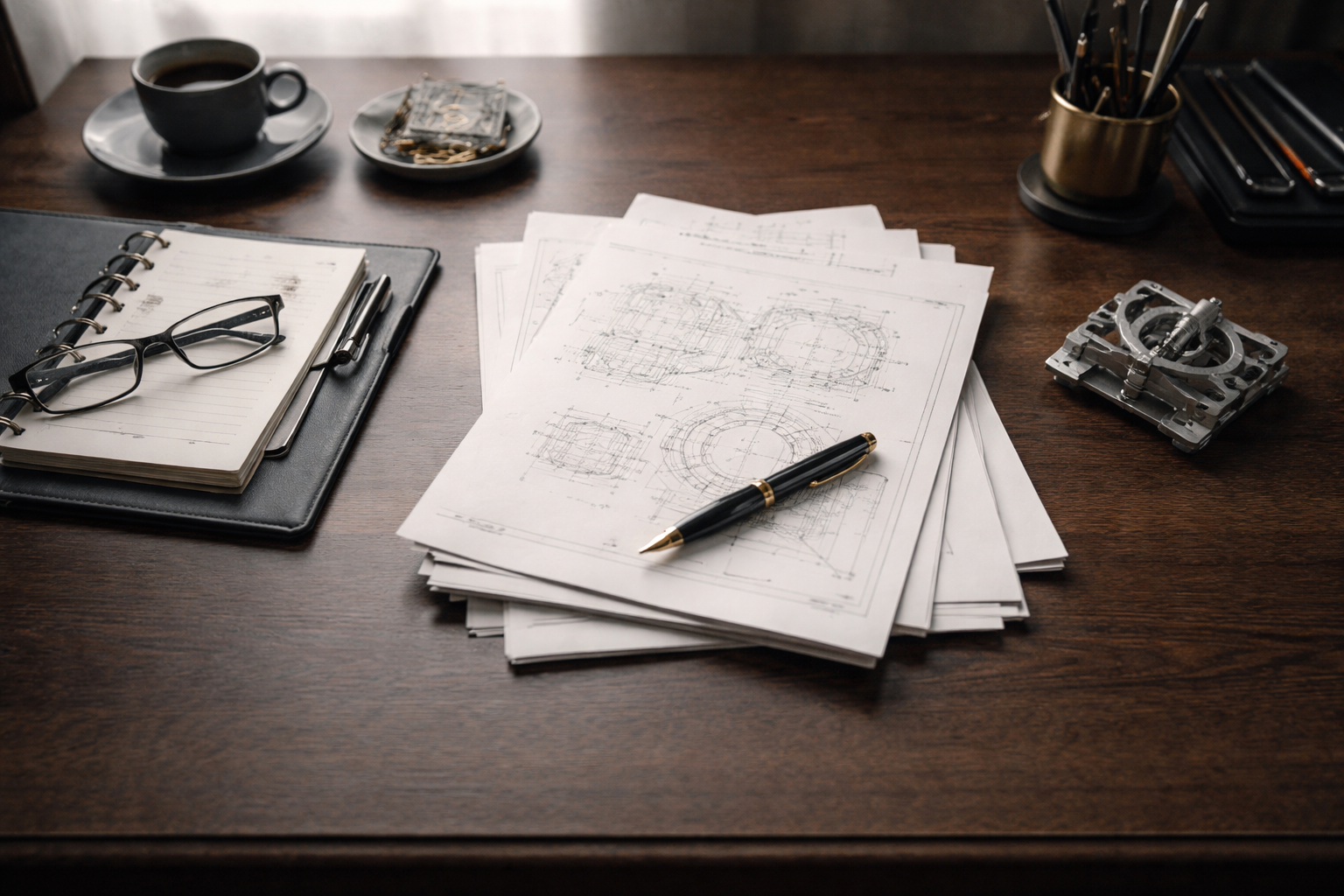 Wide top-down view of an executive desk with a central stack of unbranded contracts and technical drawings, an open binder, a fountain pen and a small metallic aerospace component model, lit by soft window light; the lower third of the frame is intentionally empty.