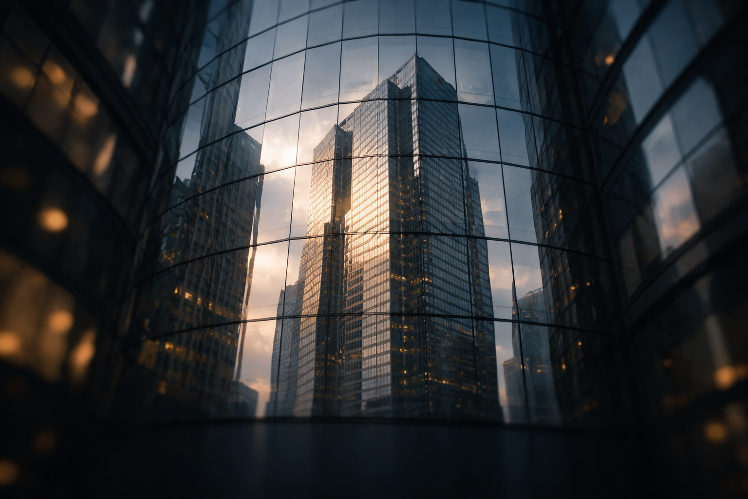 Golden-hour reflection of a modern office tower seen in the curved dark-glass facade of a neighboring building, warm highlights and cool blue shadows, centered composition with an empty lower third.