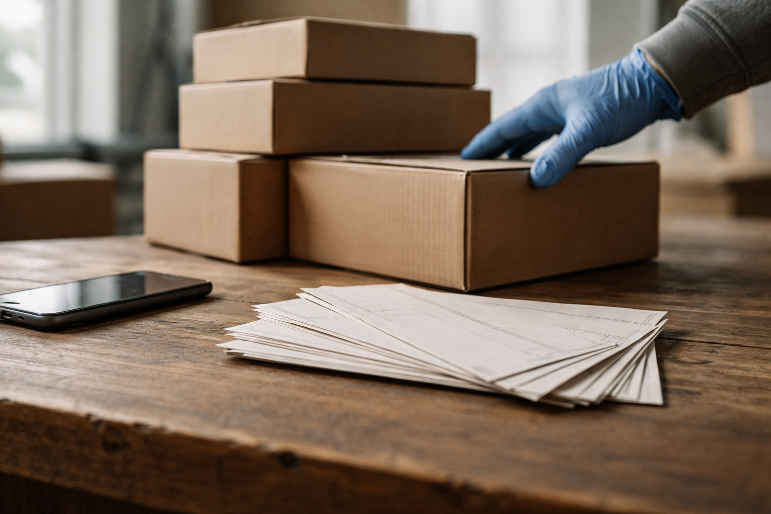 Low-angle photo of stacked plain kraft delivery boxes and blank packing slips on a wooden table, an anonymous gloved hand reaching in and a face-down smartphone nearby, soft overcast light and muted browns and grays with the lower third left quiet.