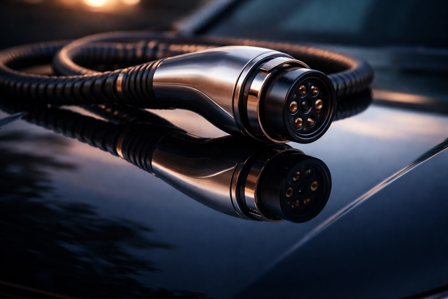 A close-up photorealistic reflection of a brushed-aluminum EV charging connector and coiled cable on a glossy black car surface, lit by dusk rim light with cool blue and warm copper tones.