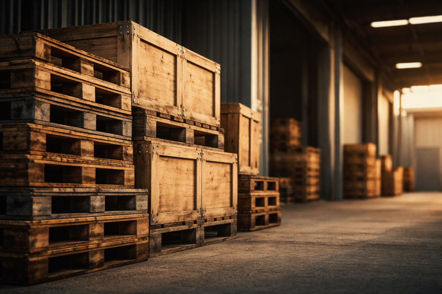 Low-angle view of stacked wooden pallets and unbranded export crates in a sunlit warehouse loading bay, warm side light and soft shadows with the foreground textures sharp and the lower third left empty.