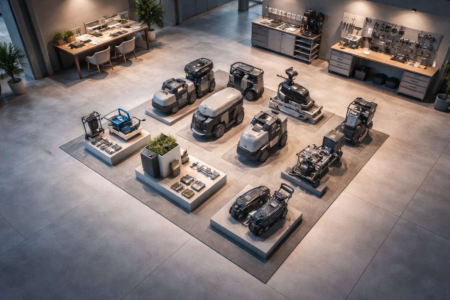 Top‑down view of a modern showroom/workshop for hotel and resort machinery showing demo machines, modular displays and a consultation table with blurred tablets and architectural models clustered toward the upper two‑thirds; warm soft light and muted blue‑grey tones, bottom third left uncluttered.