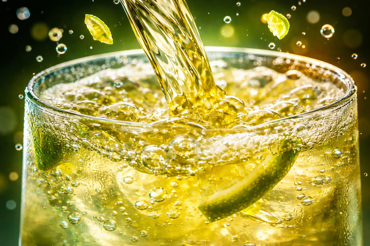 Macro motion-detail of pale amber‑green lemon‑lime tea being poured into a chilled glass, with swirling bubbles, floating citrus zest and droplets caught mid‑air; cool green and warm amber rim lighting, lower third left uncluttered.