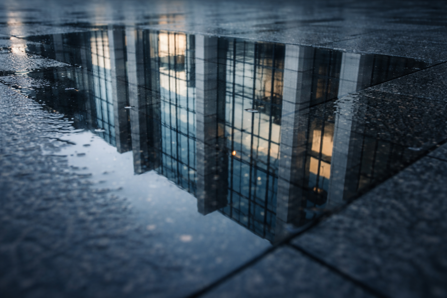 A low-angle puddle reflection of a modern glass-and-stone institutional façade, the fragmented windows and vertical fins filling the upper two-thirds while the foreground plaza remains dark and uncluttered.