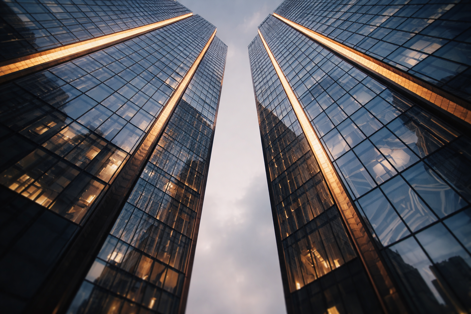 Low-angle view of two modern glass-and-steel office towers converging toward the sky at dusk, warm edge light and cool-blue reflections with subtle abstract map-like contours in the windows, lower third an empty subdued plaza.