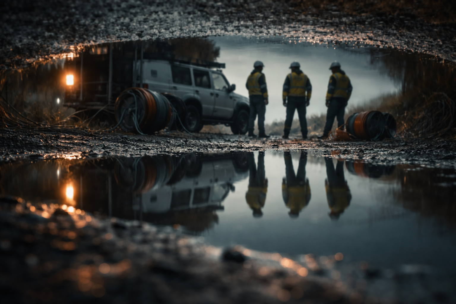 A rain‑slick puddle reflects an anonymous onshore exploration scene—an unbranded survey vehicle, cable reels and silhouetted technicians at dusk with muted teal and warm amber light; the foreground and lower third are softly blurred and empty.