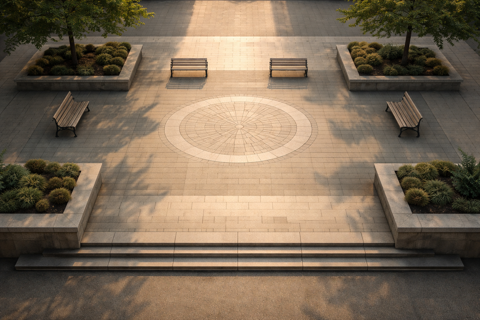 High-angle view of an empty municipal office courtyard with geometric paving, benches, planters and long morning shadows, the main architectural detail placed in the upper two thirds and a quiet lower third.