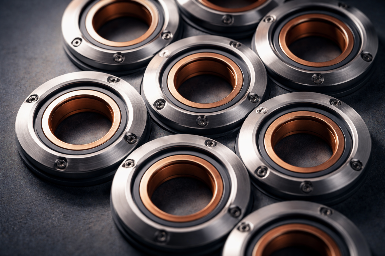 Top-down macro photograph of eight interlocking circular industrial modules—brushed steel rings with copper inserts and matte ceramic gaskets—grouped toward the upper two-thirds of the frame on a cool slate background with soft directional light; the lower third is intentionally empty.