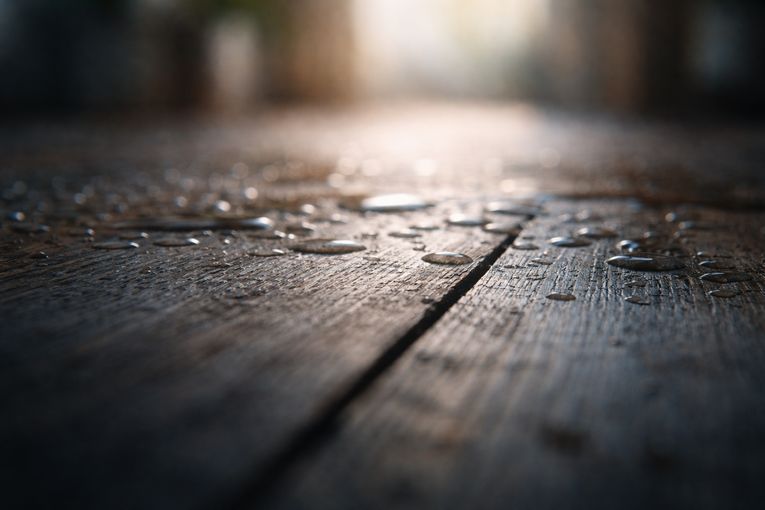 Macro view of a weathered wooden floorboard with small receding water droplets in the upper part of the frame and soft out-of-focus household shapes behind, with a plain darker lower third.