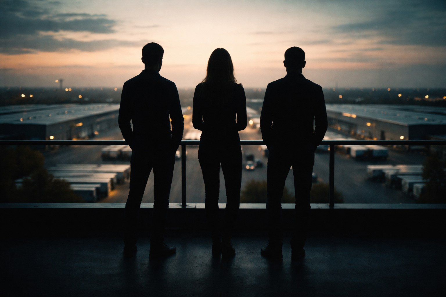 Three anonymous figures stand in silhouette on a rooftop terrace in the upper part of the frame, backlit by a dusky teal-and-amber sky with blurred warehouse and loading‑bay silhouettes below; the lower third is intentionally dark and uncluttered.