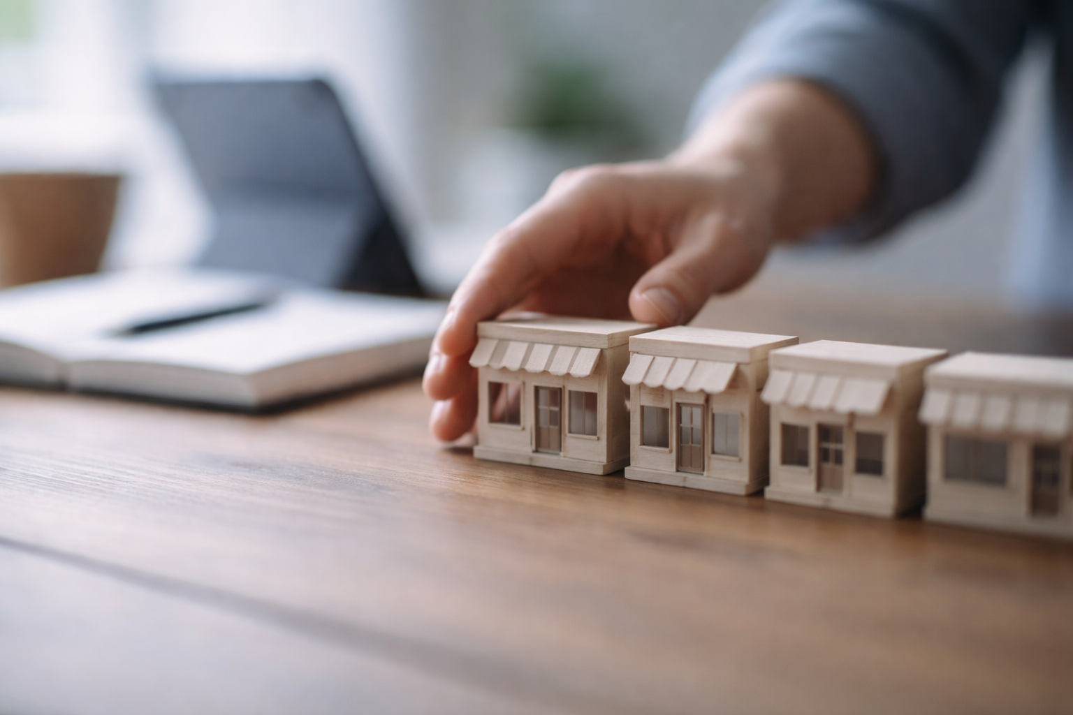 Close-up of blurred anonymous hands sliding unbranded miniature wooden storefront models across a tabletop, with a tablet and open notebook softly out of focus behind them and the lower portion of the frame left empty.