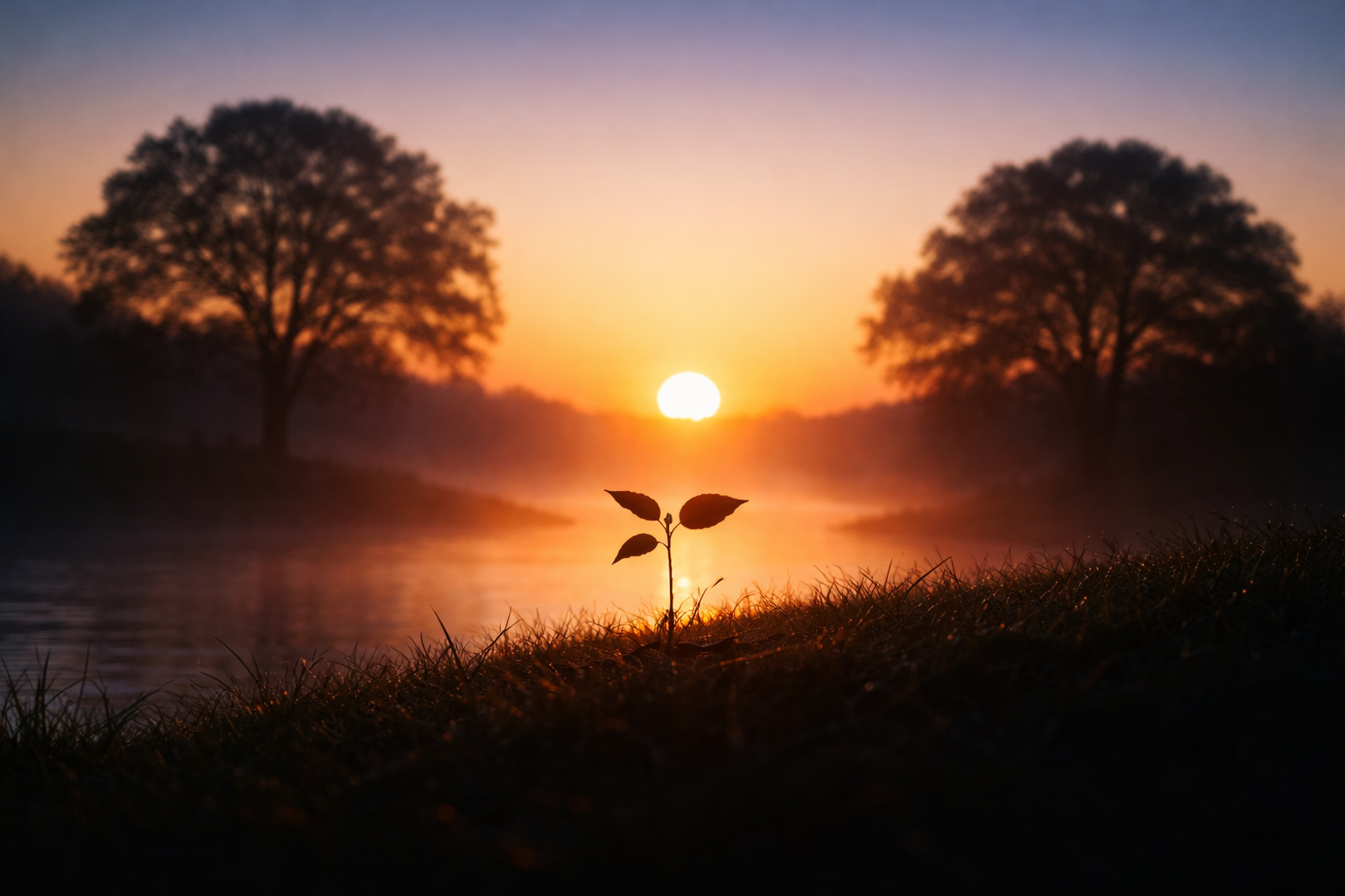 A small sapling and two trees silhouetted on a riverbank at dawn, set against a warm orange-to-indigo sky with the main subject in the upper two-thirds and a dark, uncluttered lower third.