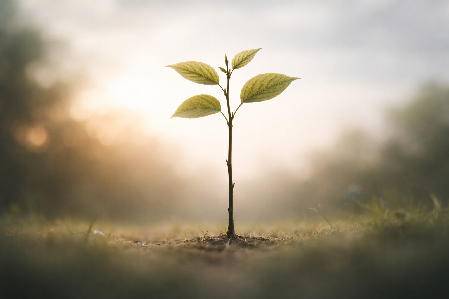 Low-angle photo of a small sapling with fresh green leaves centered against a soft morning sky, the plant filling the upper two-thirds while the blurred earth occupies the lower third.