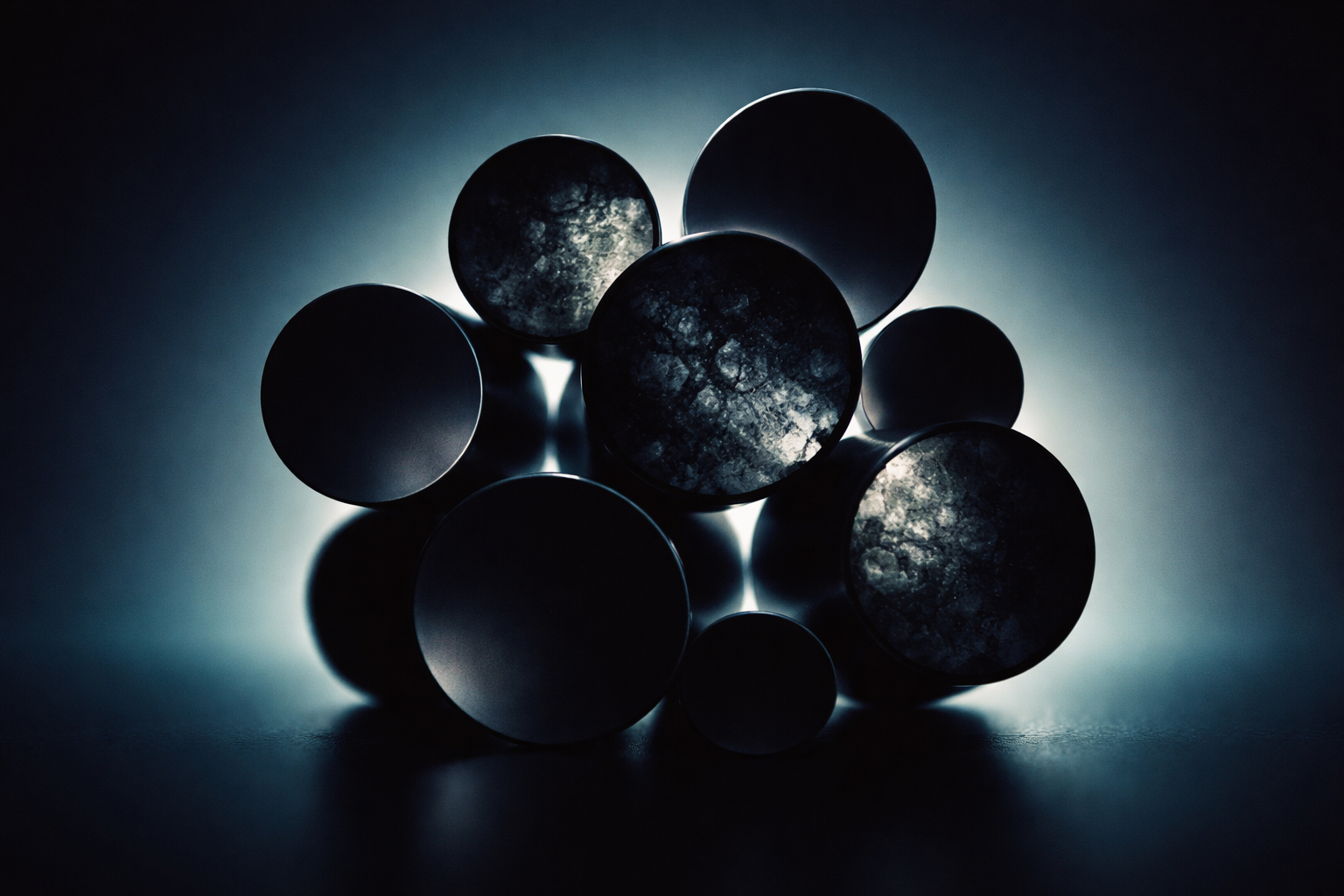 Backlit silhouettes of overlapping cylindrical mineral core slices and metal discs arranged centrally against a deep indigo-to-teal background, with soft rim lighting and the lower third left dark and uncluttered.