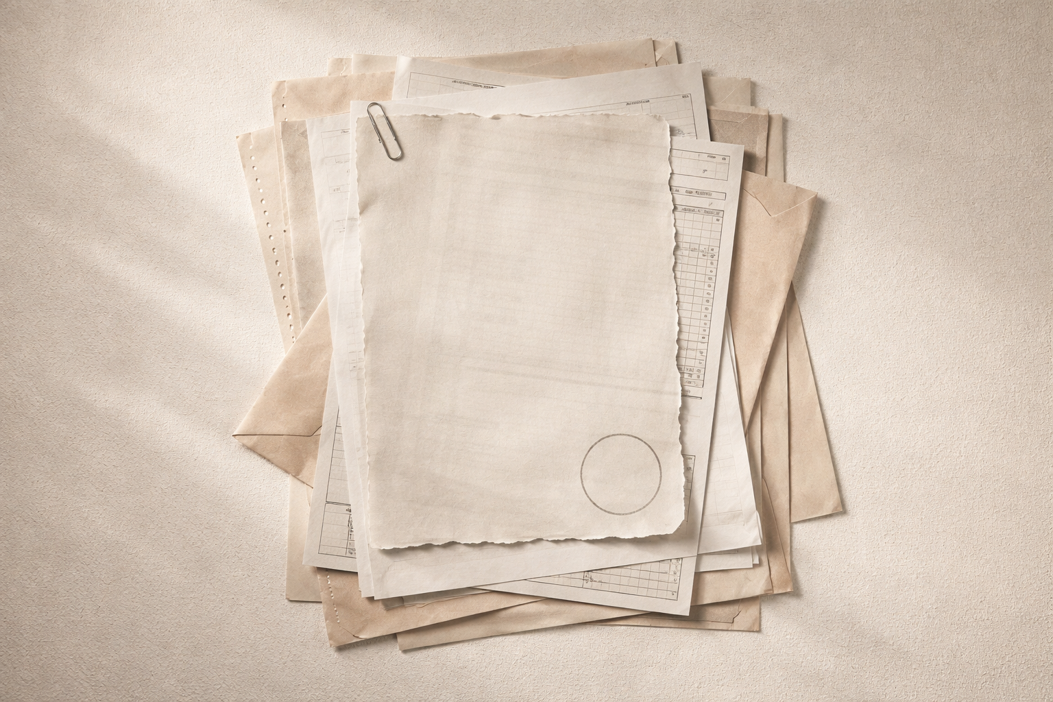Top-down view of layered unbranded papers, envelopes and a translucent vellum sheet with a blank circular stamp impression and a paperclip clustered in the upper two thirds on a warm wooden surface, leaving the lower third plain and softly lit.