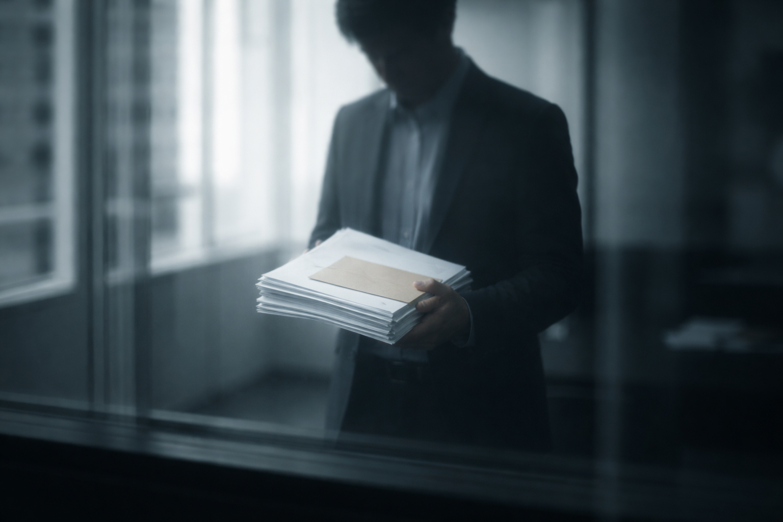 A soft reflection in glossy office glass shows an anonymous, blurred figure holding plain documents and a sealed envelope, positioned in the upper two-thirds with the lower third dark and uncluttered.