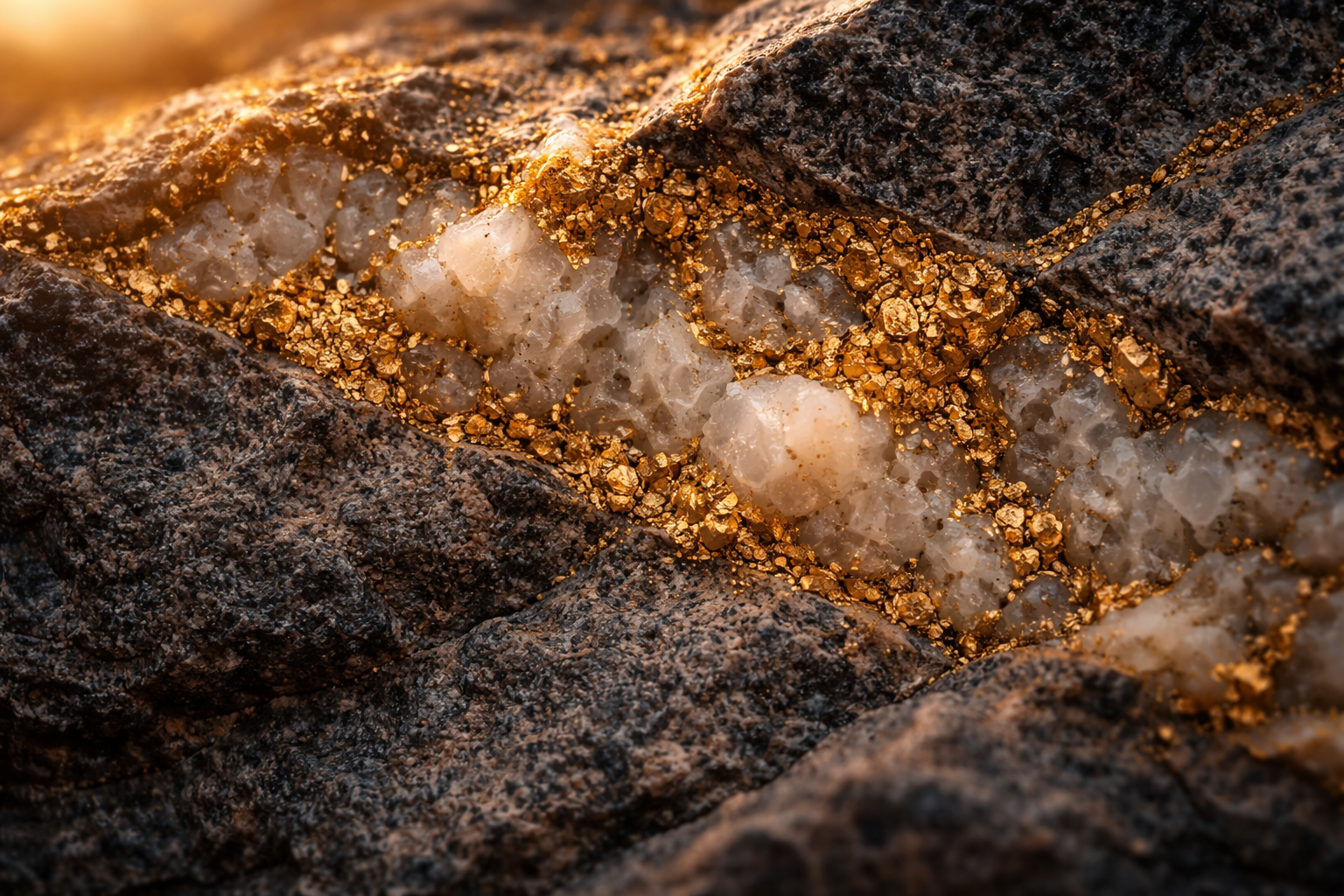 Macro photograph of a gold-bearing quartz vein showing fine gold flakes gleaming in milky white quartz set in dark grey host rock, warm rim light, main subject centered in the upper two thirds with a quiet, out-of-focus lower third.