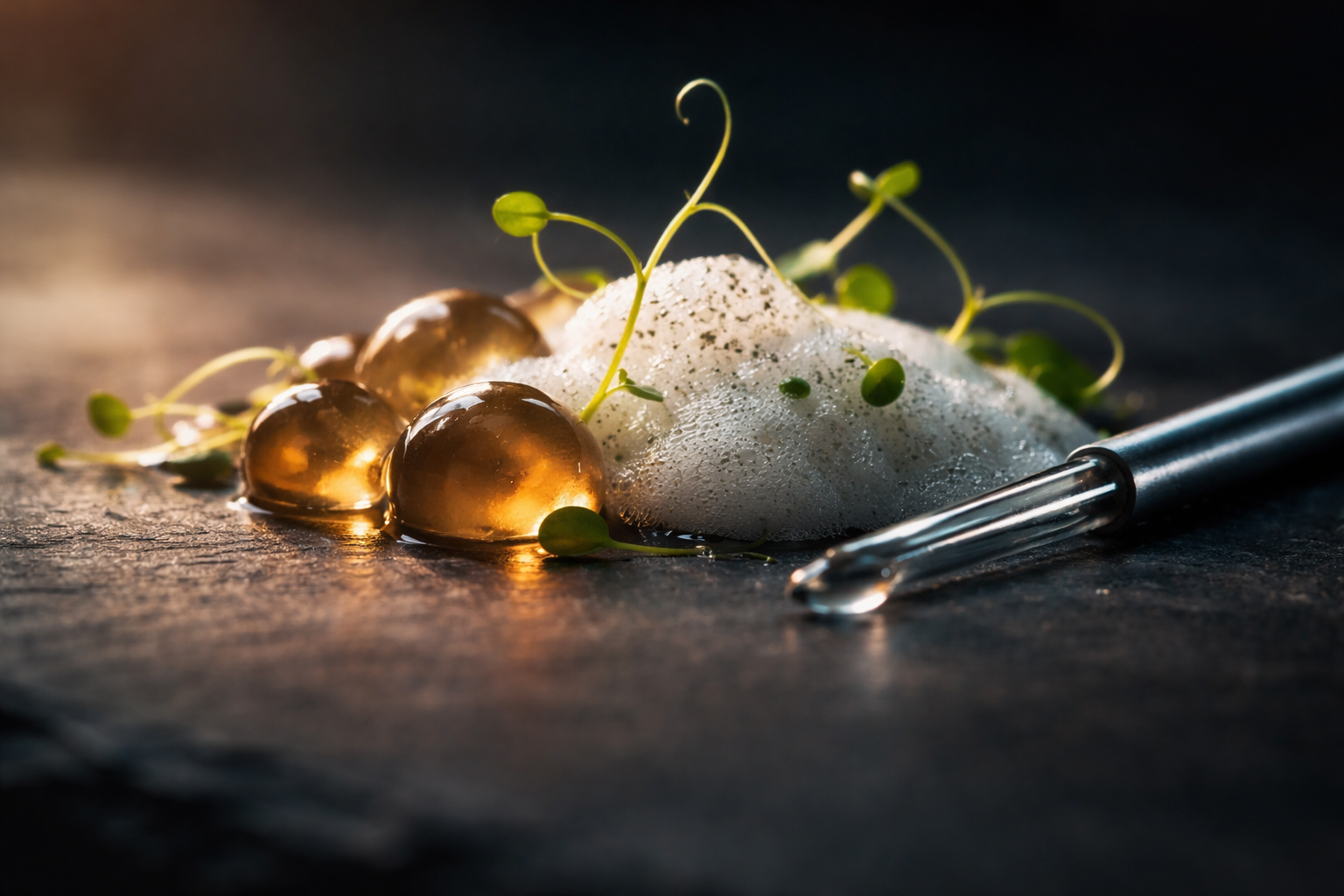 Low-angle close-up of an experimental plated food vignette with glossy agar spheres, airy foam, microgreens and a stainless steel pipette on dark slate, lit with warm side light and shallow depth of field, the composition kept clear in the lower third.