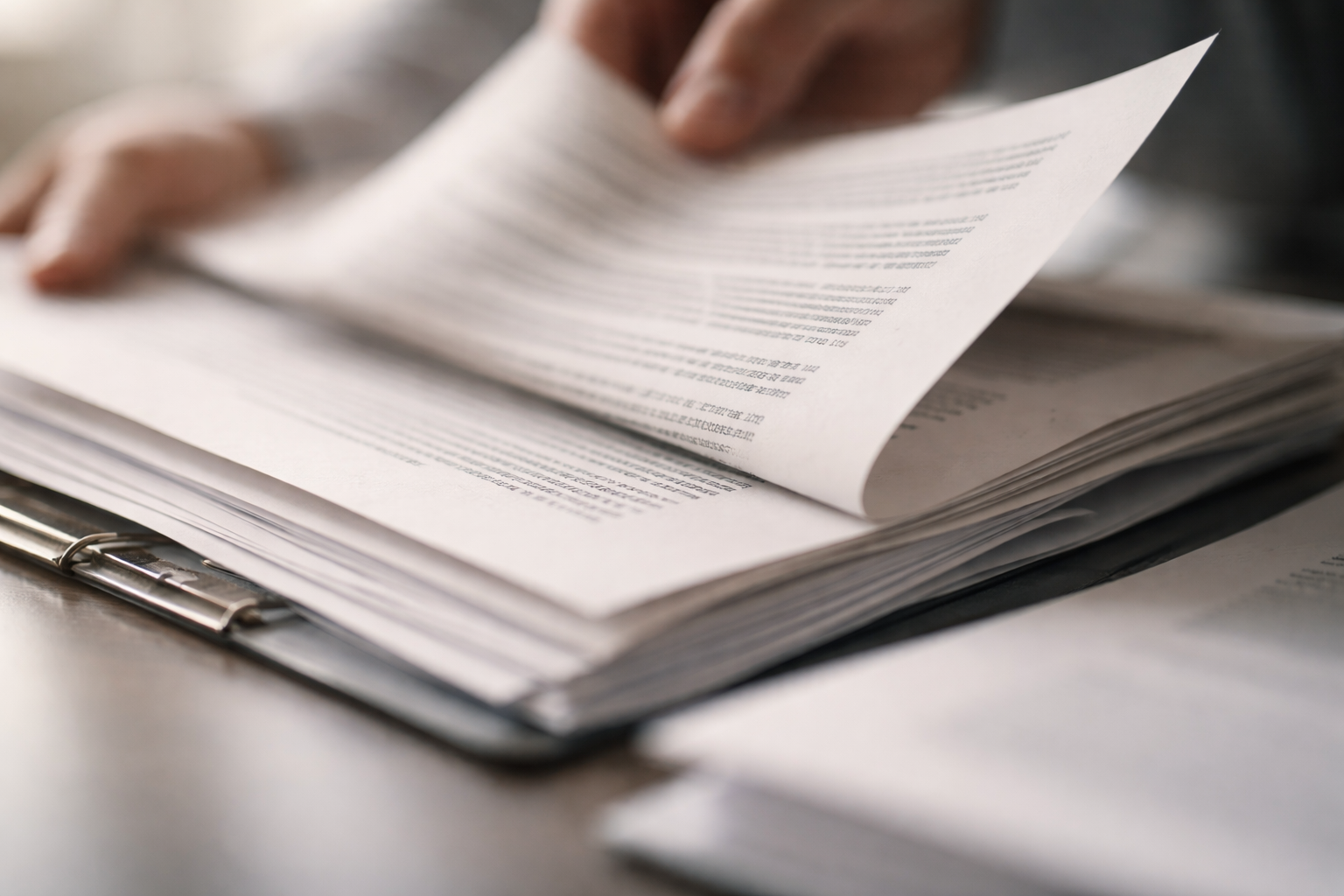 Hands turning the pages of stacked documents with soft light catching the paper texture and edges.