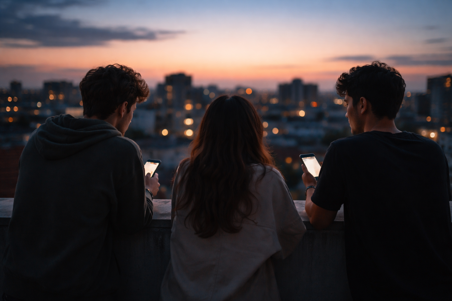 Three anonymous young adults stand on a city rooftop at dusk with backs or blurred profiles visible, holding smartphones as warm rim light and cool twilight frame a generic skyline, the subjects placed in the upper two-thirds and the lower third left empty.