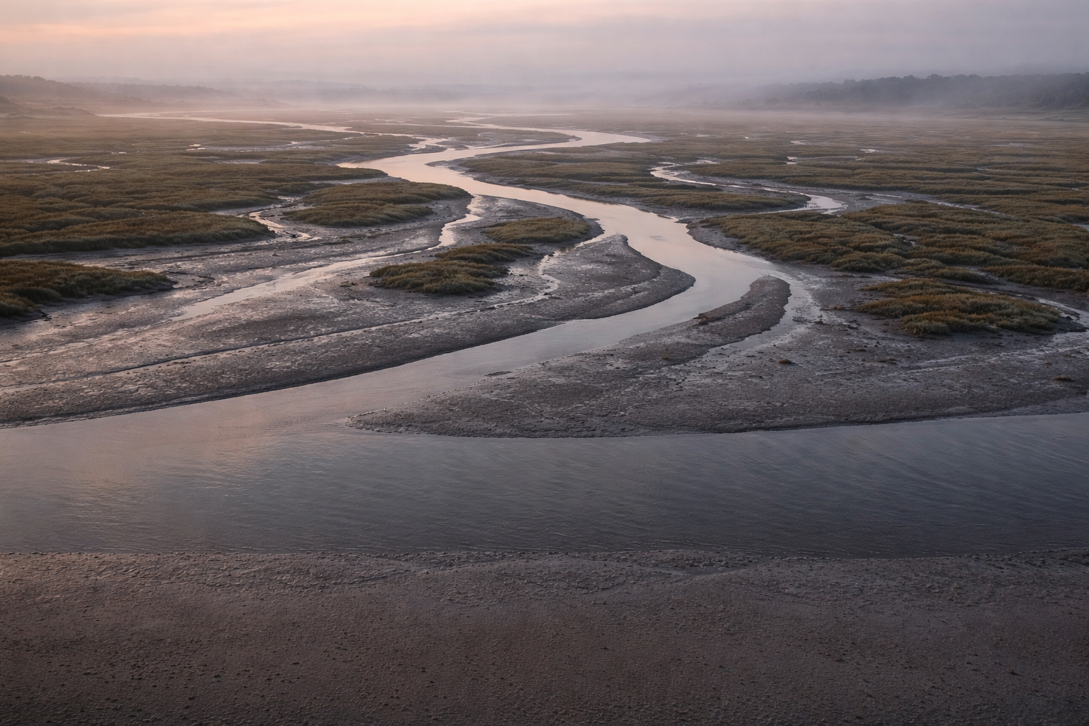 Wide dusk view of a braided tidal estuary: dark winding channels across pale mudflats and marsh, with a smooth empty foreground in the lower third.